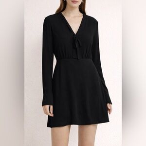 BCBGMaxAzria Black Lani‎ Cape Dress, Size Large, long-sleeve chiffon tie neck